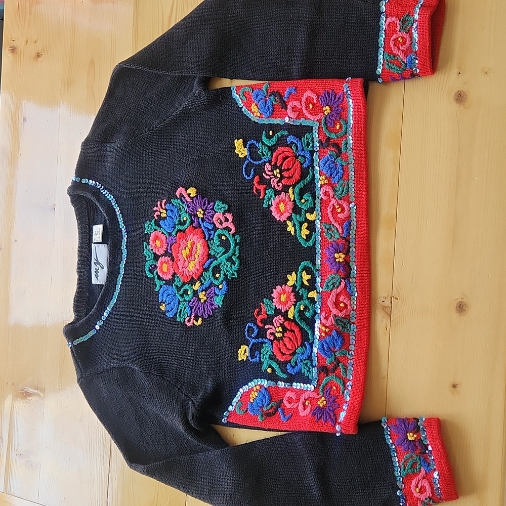 Vintage 90s Embroidered Floral Sweater Retro Black Knit Pullover M - Picture 14 of 14